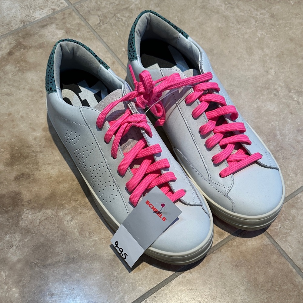 P448 new size 40 white leather pink tennis shoes 9 9.5